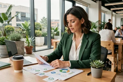 Investisseuse analysant des placements responsables et des rapports ESG dans un bureau moderne avec vue sur un jardin végétalisé