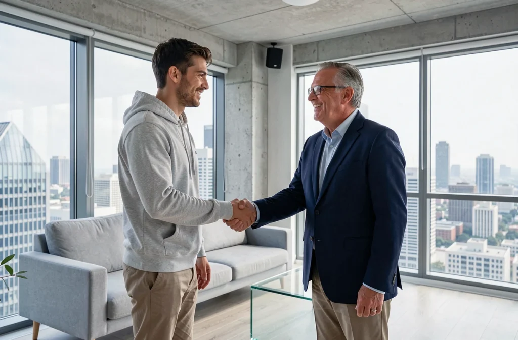 Jeune actif signant un accord de bail mobilité avec un propriétaire dans un studio moderne en ville