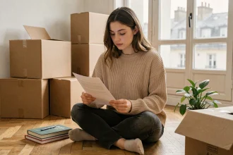 Jeune femme consultant un contrat de bail mobilité entourée de cartons dans un appartement parisien