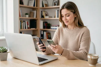 Jeune femme active consultant une application d'épargne automatique sur son smartphone à son bureau à domicile