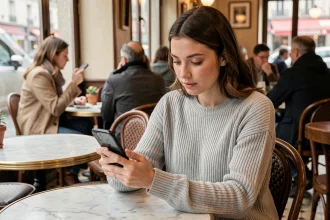 Jeune femme utilisant une application de néobanque sur son smartphone dans un café parisien