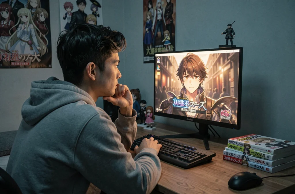 Jeune homme immergé devant un écran de jeu vidéo affichant un personnage fictif dans une chambre personnalisée, symbolisant le phénomène d'attachement émotionnel au wuifu