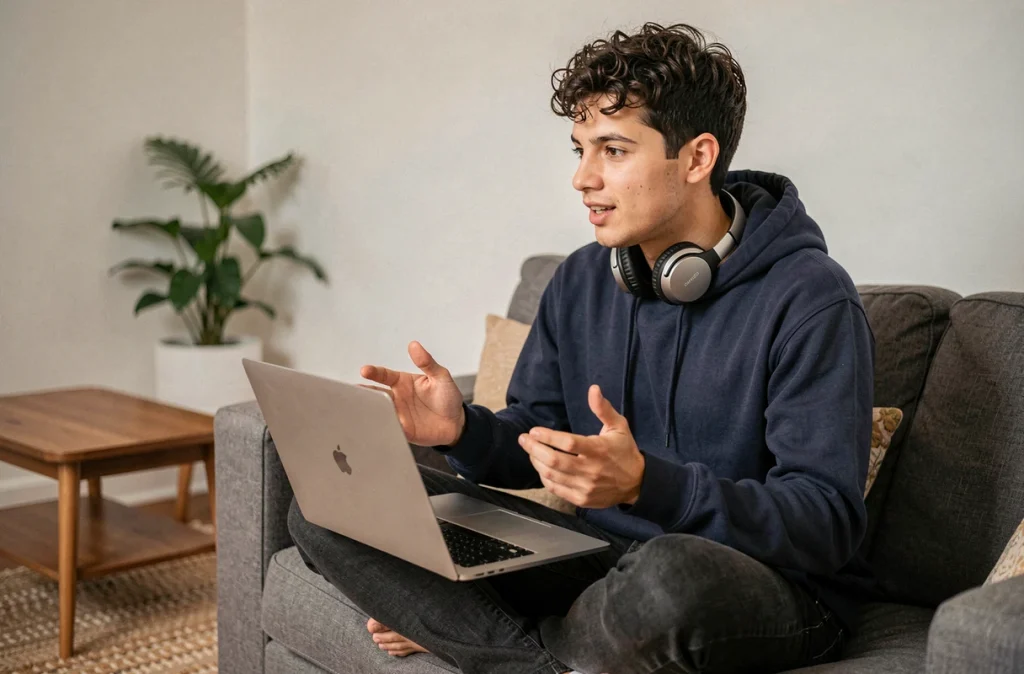 Jeune professionnel en télétravail participant à une réunion d'entreprise en ligne depuis son salon