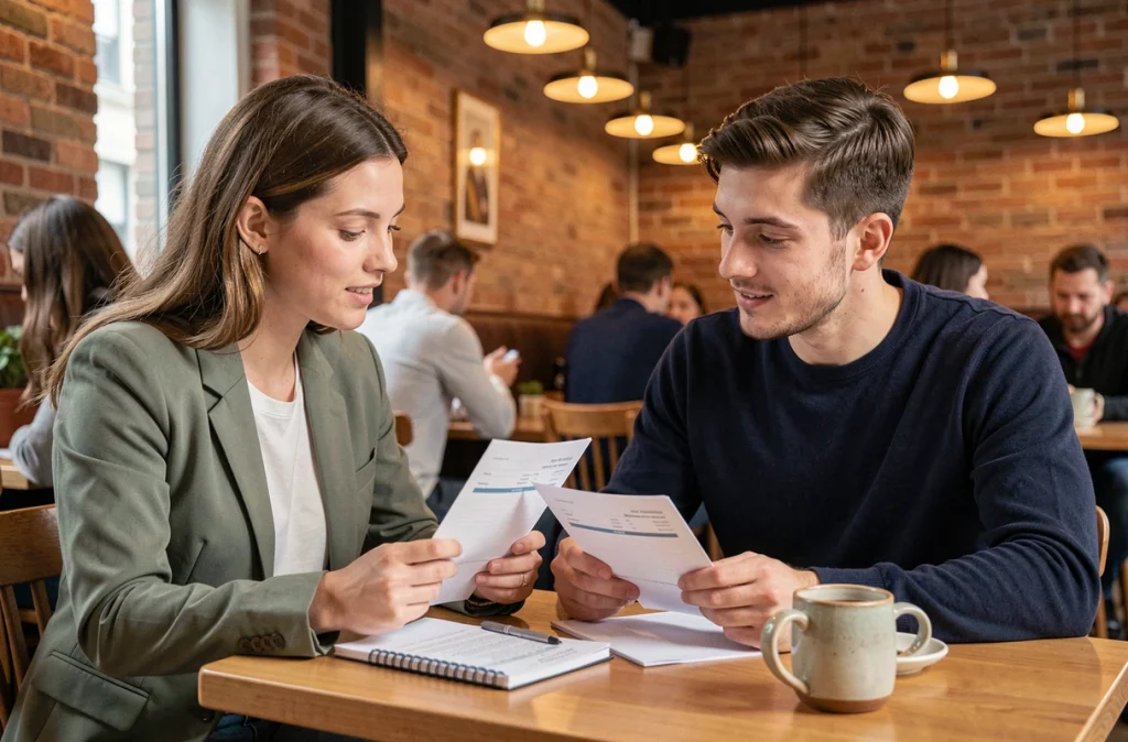 Deux jeunes collègues discutant de leur stratégie d'épargne automatique mensuelle autour d'un café en ville