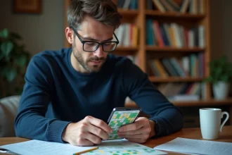 Un joueur expert analysant les couleurs d'un jeu de type Pédantix sur smartphone avec des notes manuscrites sur un bureau en bois