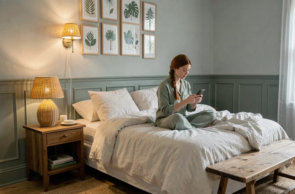 Femme dans une chambre cosy avec lampe en rotin et applique murale créant une ambiance chaleureuse