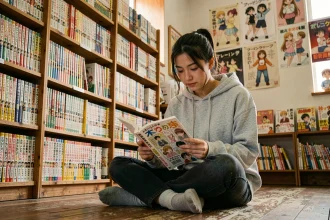 Jeune femme lisant un manga dans une librairie spécialisée entourée de rangées de volumes colorés