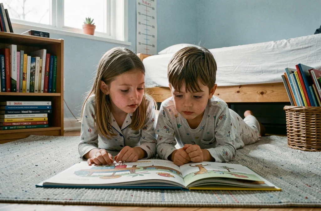 Deux enfants en pyjama lisant un grand livre illustré allongés sur un tapis avant de se coucher, vue en plongée basse