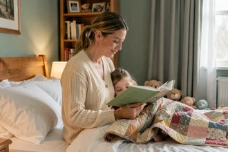 Mère lisant un livre illustré à sa fille avant de dormir, toutes deux assises dans un lit douillet avec une couverture patchwork