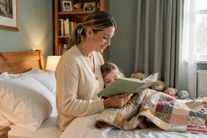 Mère lisant un livre illustré à sa fille avant de dormir, toutes deux assises dans un lit douillet avec une couverture patchwork