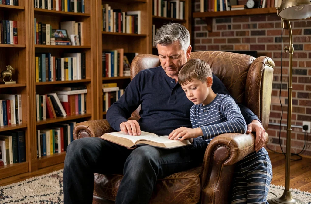 Père et fils lisant ensemble un livre dans un fauteuil en cuir dans le salon, atmosphère chaleureuse et intime au coucher