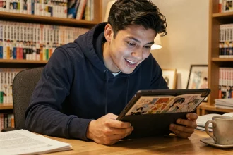 Jeune homme lisant le scan One Piece sur une tablette dans un bureau entouré de volumes de manga