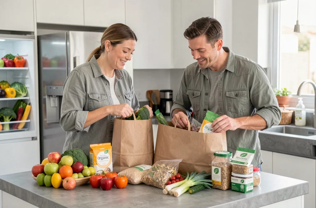 Couple déballant des courses bio livrées à domicile avec des fruits et légumes frais sur le plan de travail de leur cuisine