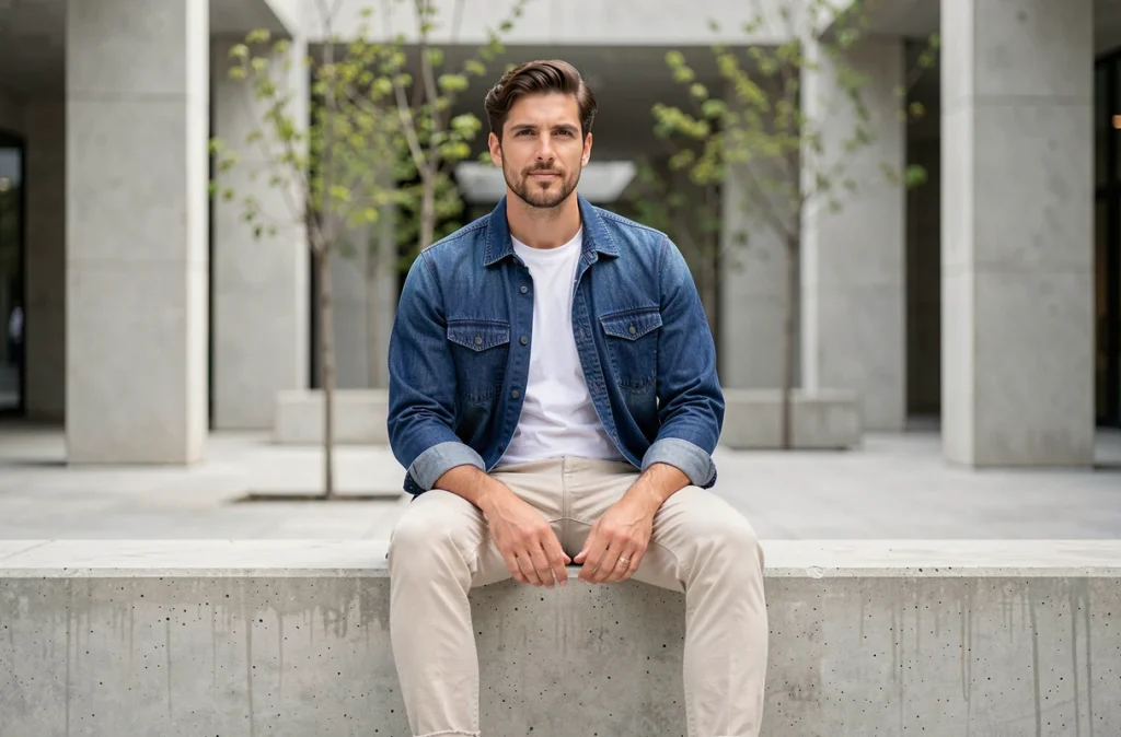 Homme en chemise en jean indigo et pantalon denim écru assis dans une place moderne, look denim tendance printemps-été masculin