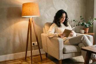 Femme lisant dans un fauteuil sous un lampadaire en bois dans un salon scandinave chaleureux et cosy