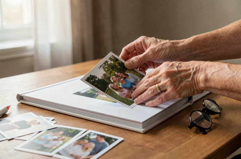 Mains d'une femme âgée glissant une photo souvenir dans un album photo personnalisé sur un bureau