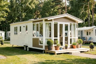 Mobil-home moderne de qualité installé dans un camping verdoyant avec terrasse en bois et grandes baies vitrées