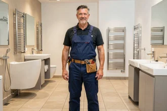 Plombier professionnel dans un showroom de salle de bain moderne dans le Grand Est