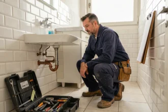 Plombier professionnel en uniforme travaillant dans une salle de bain parisienne, représentant les meilleurs plombiers à Saint-Denis
