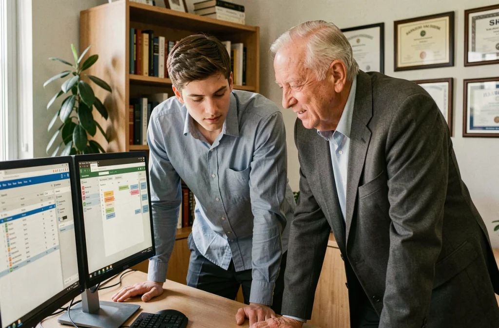 Jeune diplômé en formation avec un mentor expérimenté devant un poste de travail informatique dans un environnement de bureau professionnel