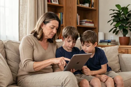 Mère et ses deux fils regardant ensemble une tablette numérique dans un salon familial ordonné, illustrant une utilisation encadrée des écrans en famille