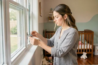 Mère installant un dispositif de sécurité sur une fenêtre dans une chambre de bébé pour protéger son enfant