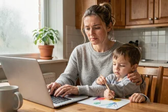 Mère travaillant depuis chez elle à la table de cuisine tout en s'occupant de son enfant, illustrant l'équilibre entre vie professionnelle et vie de famille