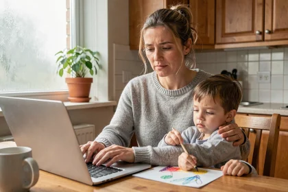 Mère travaillant depuis chez elle à la table de cuisine tout en s'occupant de son enfant, illustrant l'équilibre entre vie professionnelle et vie de famille