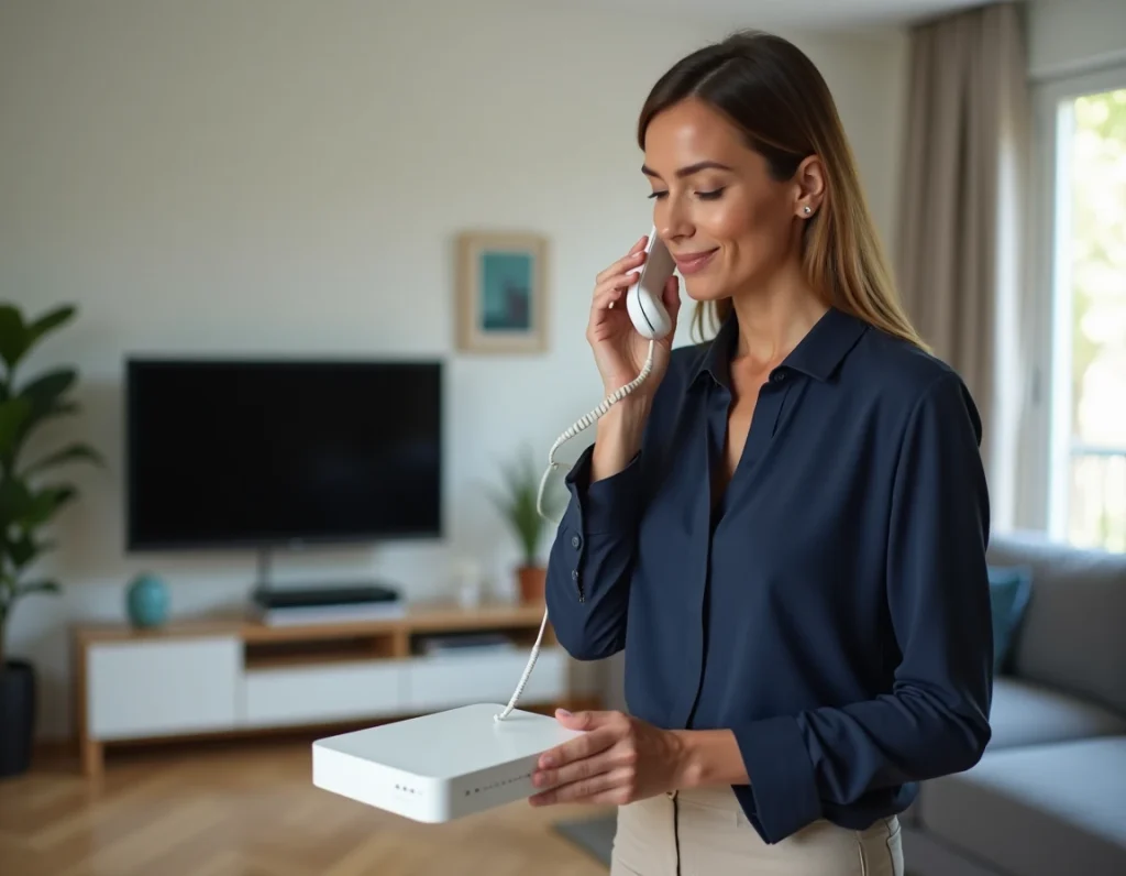 Femme consultant sa messagerie fixe Free depuis son salon avec une Freebox visible en arrière-plan