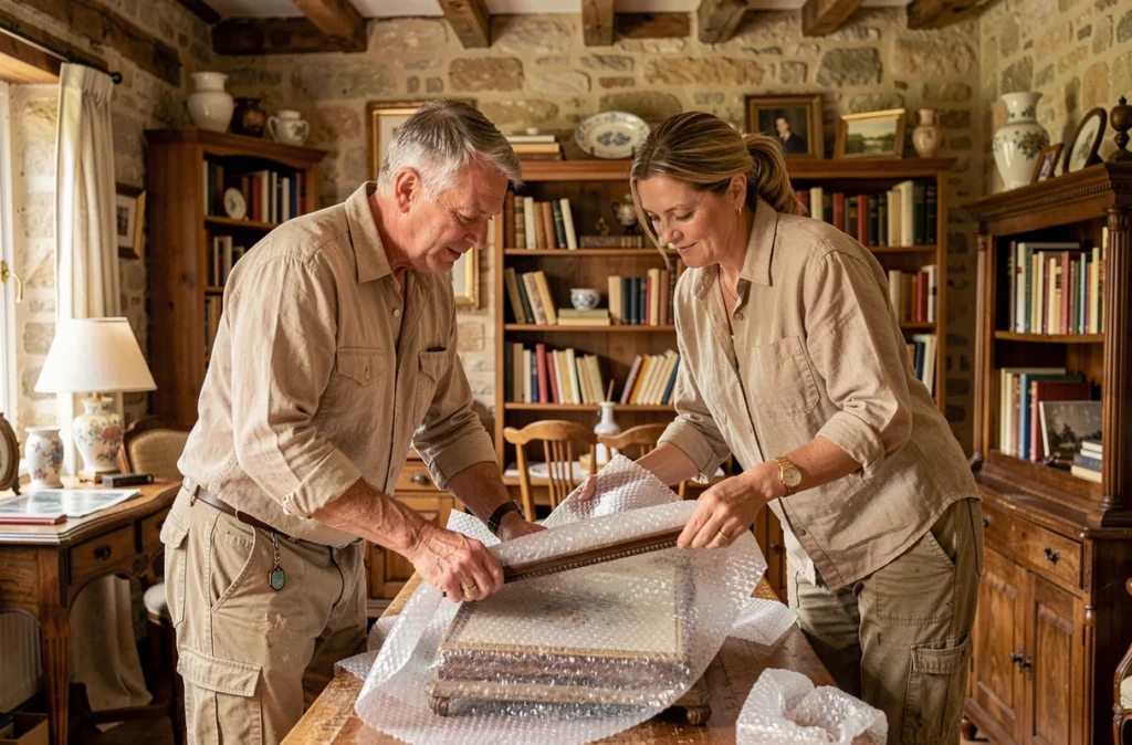 Michel et Sylvie Débarras emballant des objets fragiles dans une maison de caractère avec poutres en bois