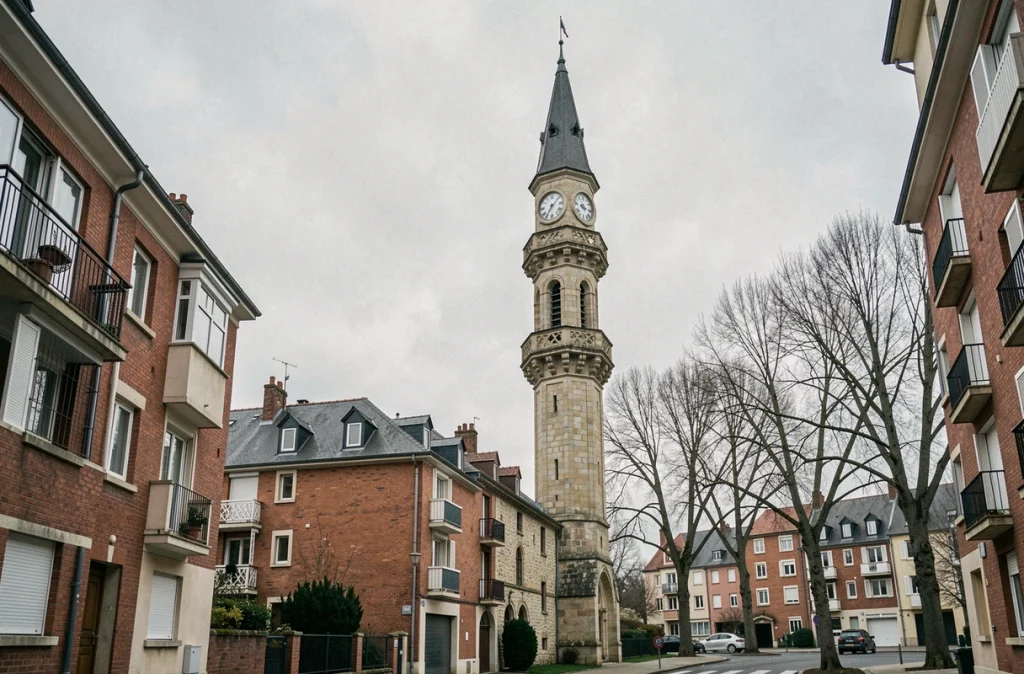Minaret de mosquée dans un quartier résidentiel de Les Mureaux avec immeubles en arrière-plan