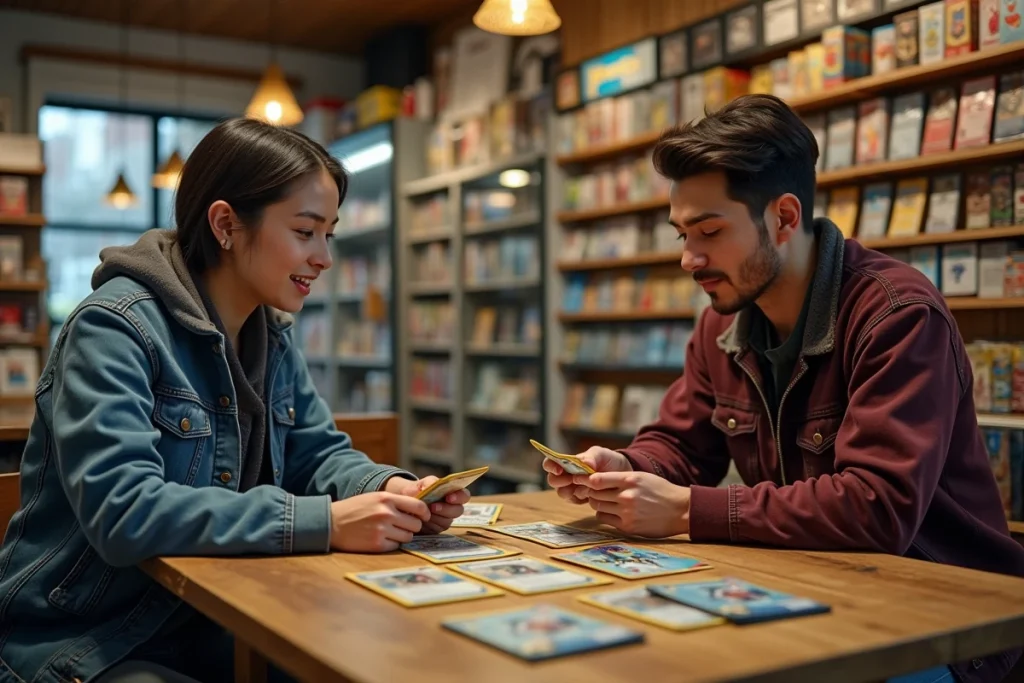 Deux collectionneurs en train de négocier des cartes Pokémon Méga Évolution dans un magasin spécialisé