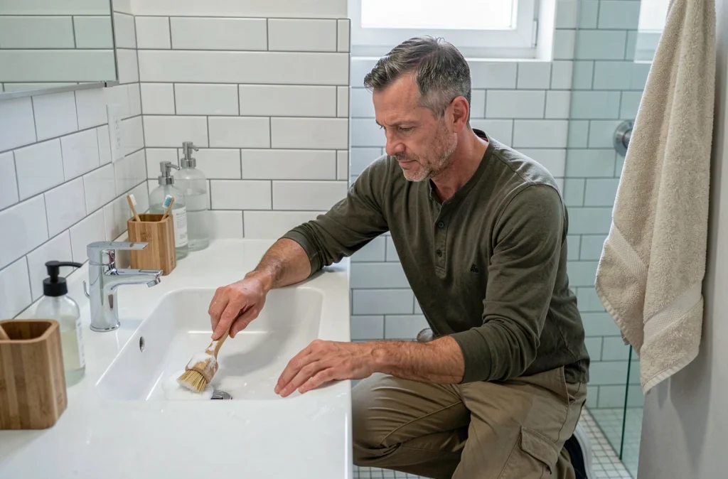 Homme nettoyant son lavabo avec du bicarbonate de soude et une brosse en bois dans une salle de bain éco-responsable