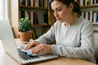 Femme nettoyant soigneusement le clavier de son ordinateur portable avec un chiffon microfibre pour prolonger sa durée de vie