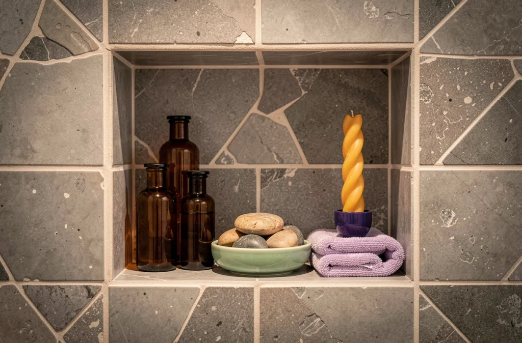 Niche murale de salle de bain avec flacons en verre ambré, céramique verte et bougie indigo sur carrelage zellige