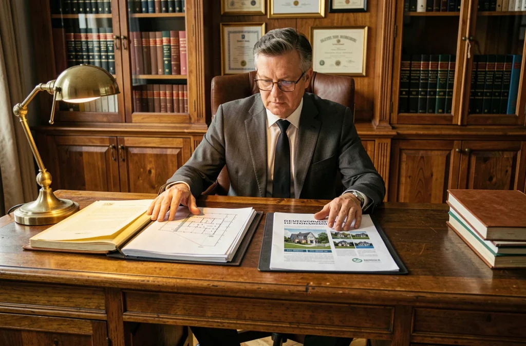 Notaire comparant les dossiers d'un achat immobilier dans l'ancien et dans le neuf sur son bureau