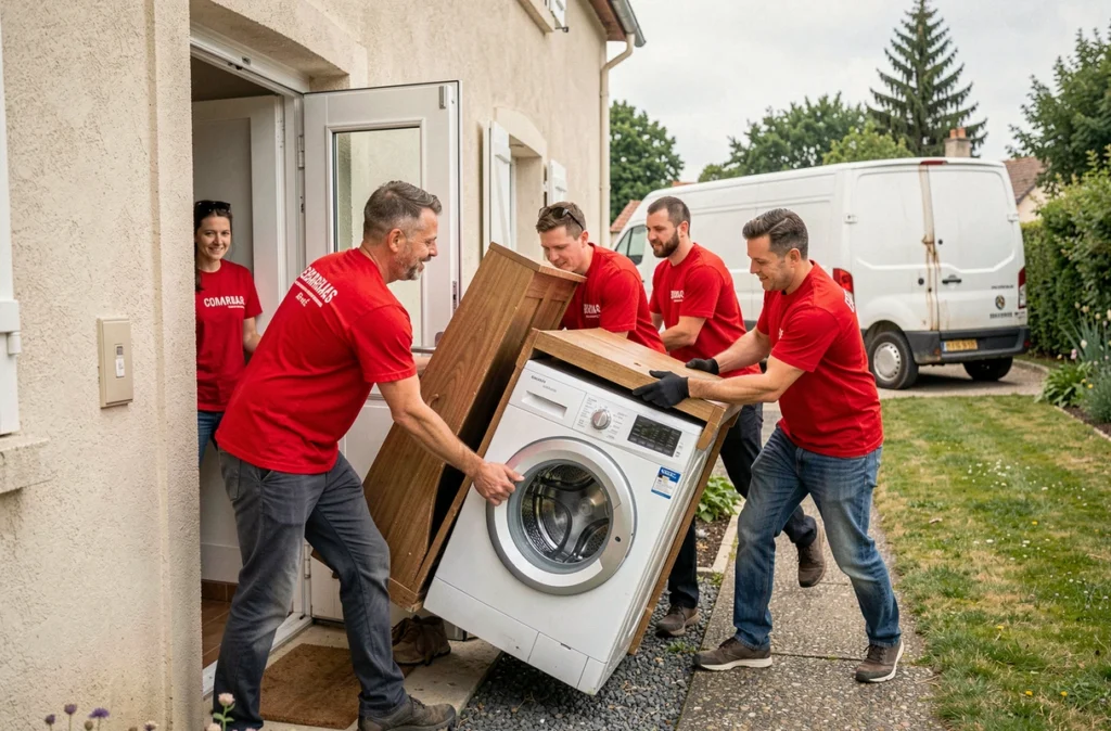 Équipe OnLeveTout en t-shirts rouges déchargeant ensemble des gros électroménagers et meubles d'une maison pavillonnaire