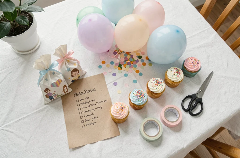 Vue de dessus d'une table avec des éléments de planification d'anniversaire enfant incluant liste, cupcakes et décorations