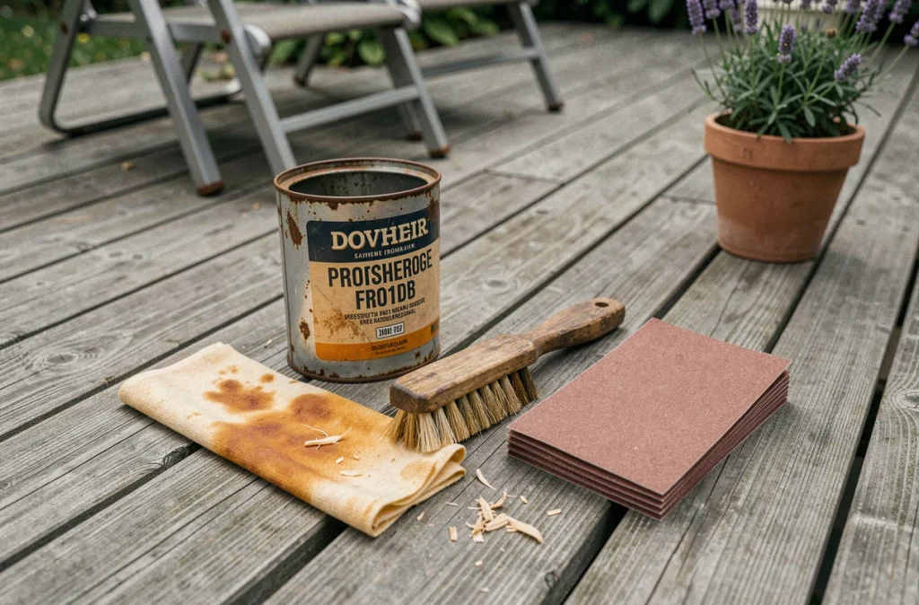 Outils et produits d'entretien pour terrasse en bois posés sur des planches extérieures, préparation du traitement du bois