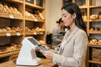 Une femme paie sans contact avec son smartphone dans une boulangerie artisanale française