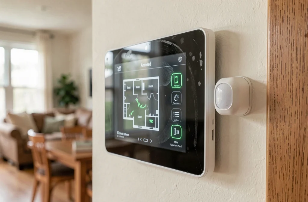 Panneau de sécurité domotique connecté avec capteurs de mouvement et interface tactile installés dans une maison