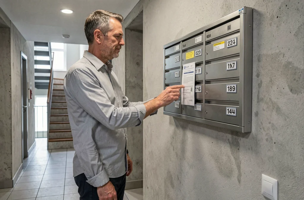 Homme consultant le tableau d'affichage des parties communes dans un immeuble en copropriété