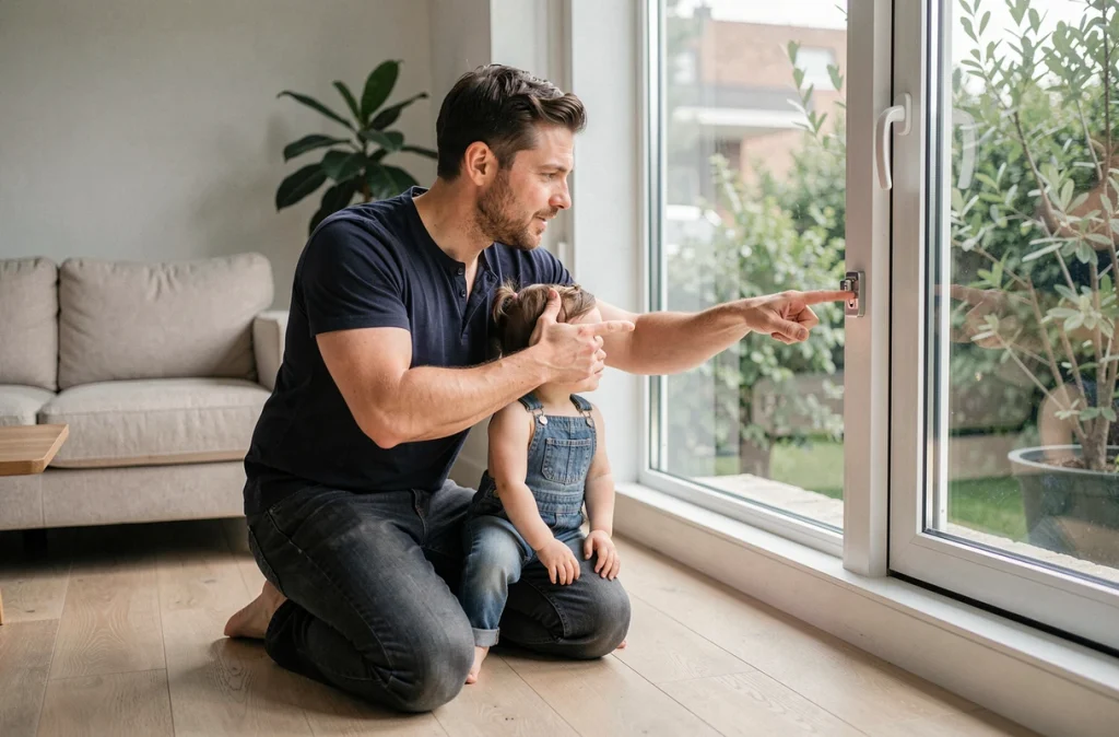 Père expliquant à son jeune enfant la sécurité des fenêtres dans un appartement moderne