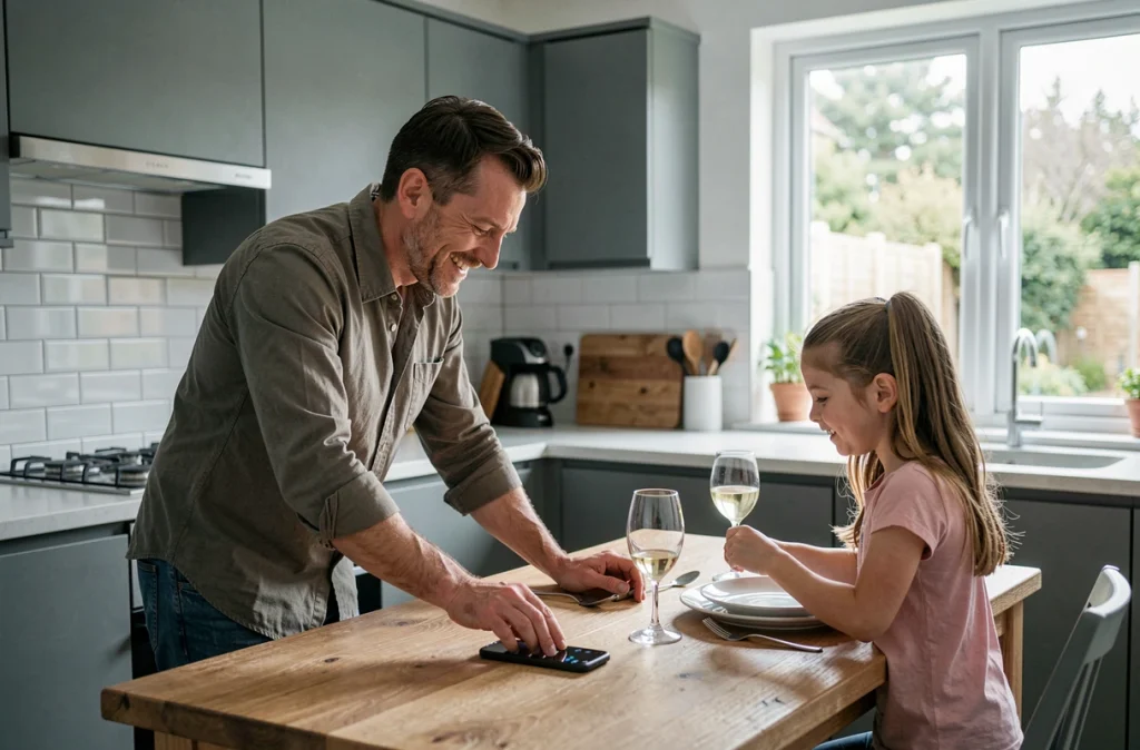 Père posant son téléphone pour partager un moment sans écran avec sa fille lors de la préparation du dîner en cuisine