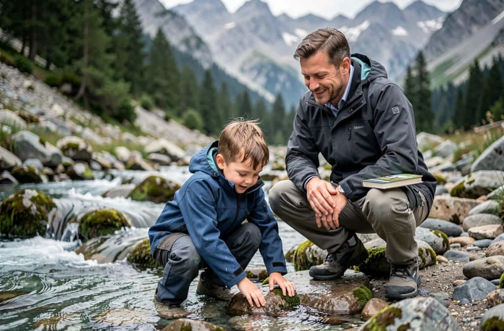 Père et fils explorant un ruisseau de montagne lors d'une sortie nature en famille, observation de la faune aquatique