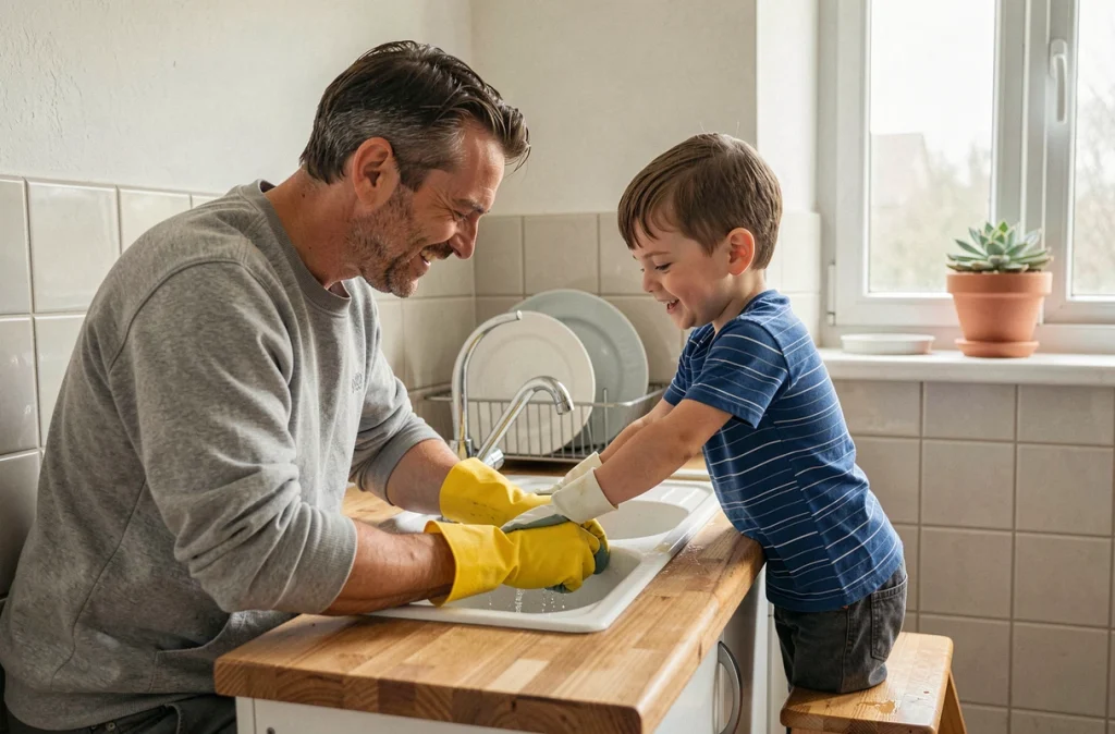 Un père et son fils faisant la vaisselle ensemble dans la cuisine, exemple de partage des tâches domestiques et transmission des responsabilités