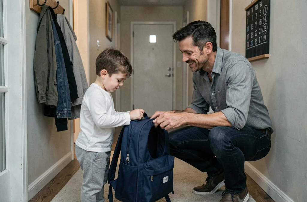 Père et fils vérifiant le contenu du sac à dos scolaire dans le couloir d'entrée la veille de la rentrée