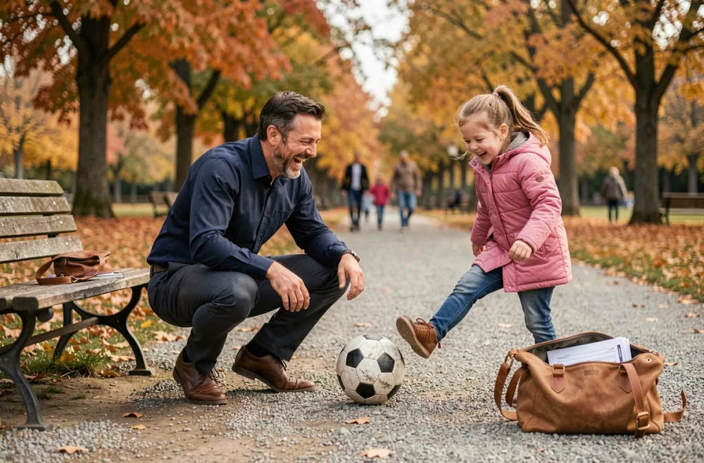 Père en tenue professionnelle jouant au football avec sa fille dans un parc en automne après le travail, symbolisant la conciliation entre carrière et famille