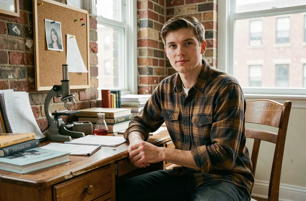 Jeune étudiant en sciences assis à un bureau encombré de livres et de notes dans un appartement de Brooklyn évoquant l'univers de Peter Parker