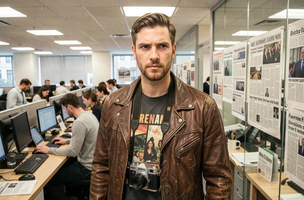 Jeune photojournaliste avec un appareil photo argentique dans une salle de rédaction animée rappelant l'environnement professionnel de Peter Parker au Daily Bugle